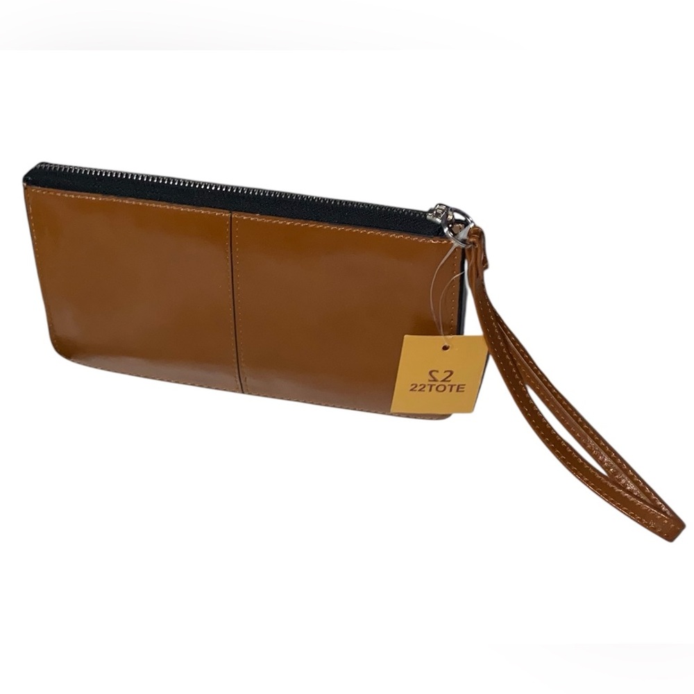 22 Tote Vegan Smooth Three Pocket Light Golden Brown Leather Wristlet Clutch